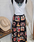 Baha Ranch Vintage Cowgirl Collage Western Tiered Prairie Maxi Skirt