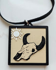 3D Print Picture Necklace on Deerskin Leather Western Bull Skull Desert Cactus Made in America
