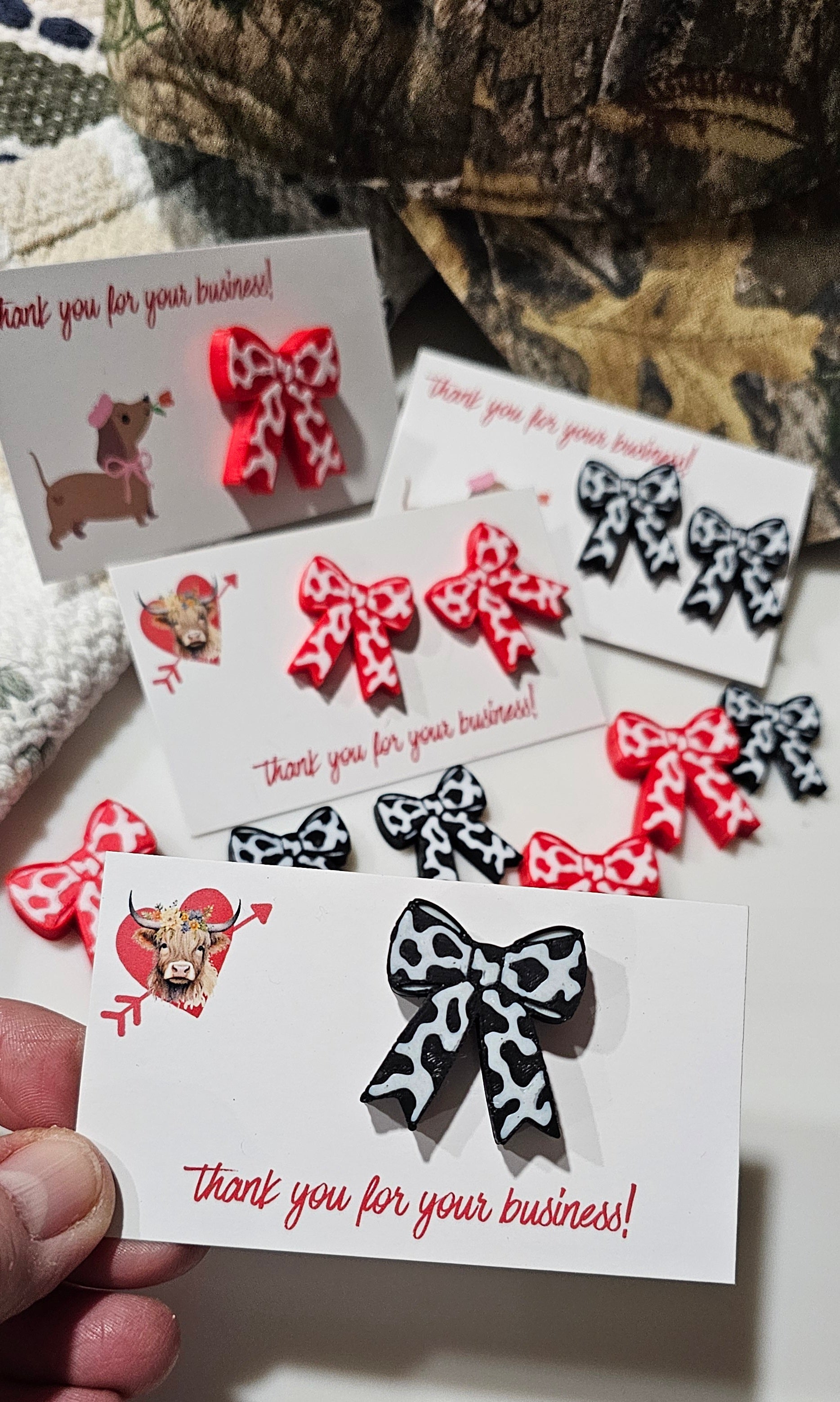 Bag of 25 -Boutique 3d Printed Package Inserts Cow Print Bows Pins or Earrings Made in America
