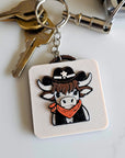 3D Print Cowboy Highland Cow Picture Necklace, Keychain or Purse Charm on Suede Leather Western Made in America