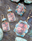 Scenic Red Florals Blue Apatite Golden Pendant Necklace