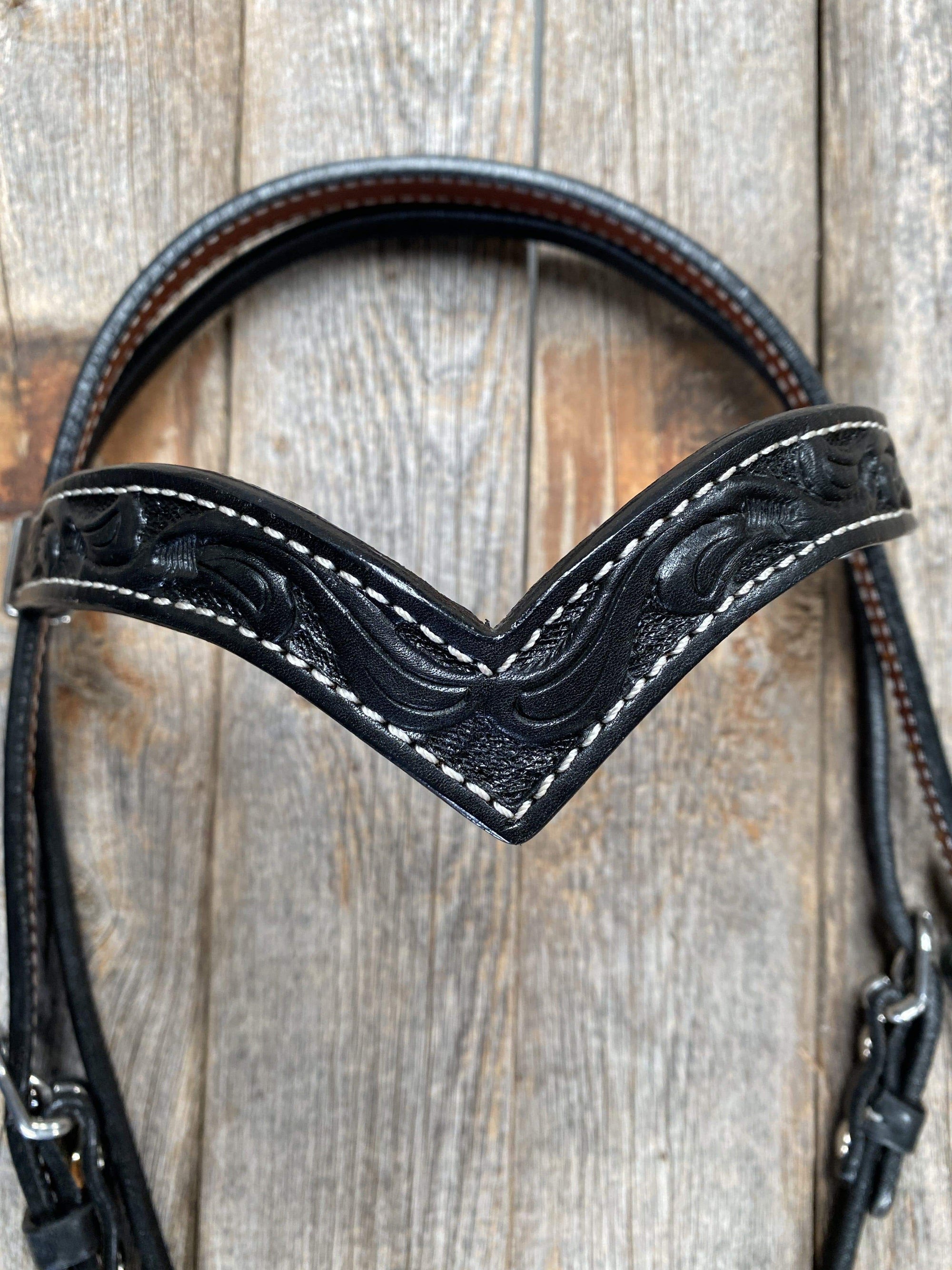 Floral V Browband Black Headstall / Bridle