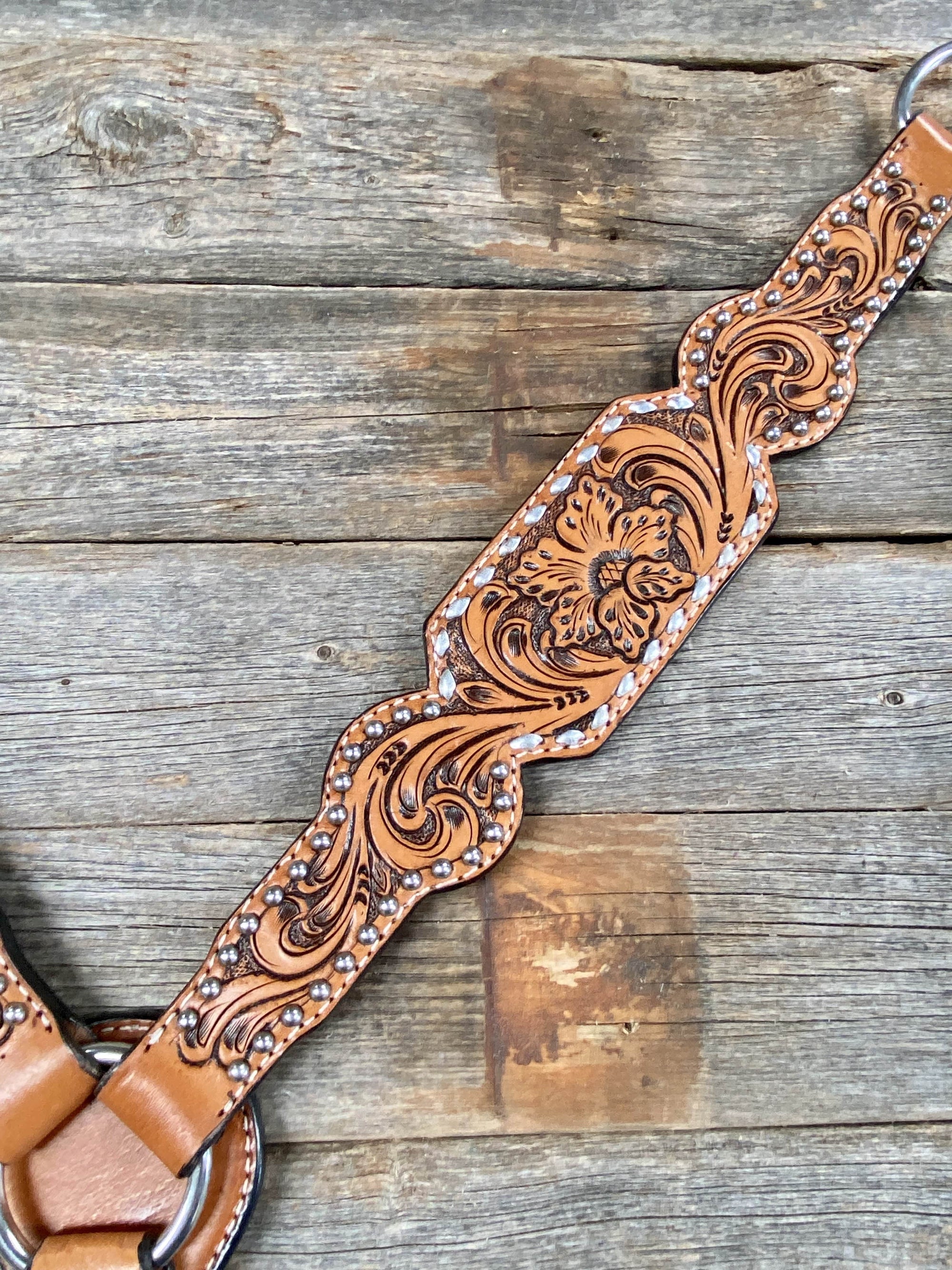 Light Oil Floral Tooled Silver Buckstitching &amp; Dots Breastcollar