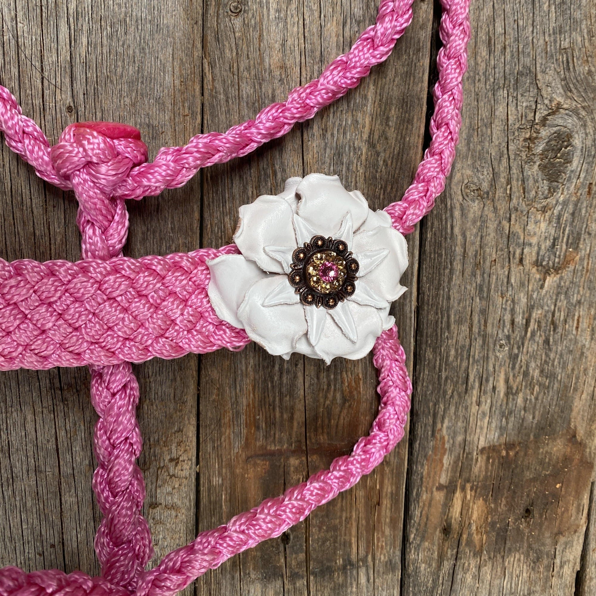 Pink Mule Tape Halter - White Flowers 