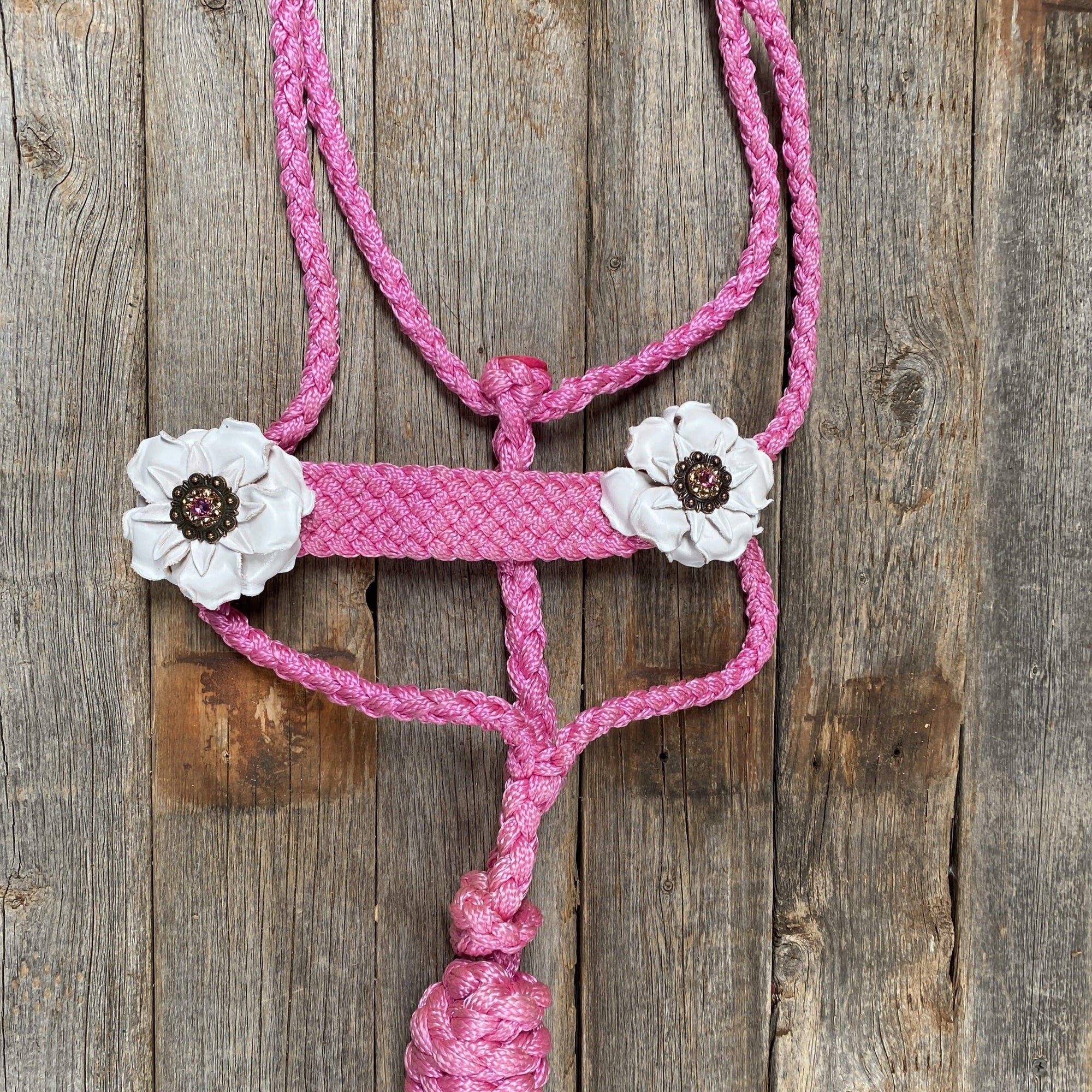 Pink Mule Tape Halter - White Flowers 