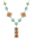 Talavera Tile and Blue Turquoise Golden Y-Neck Necklace