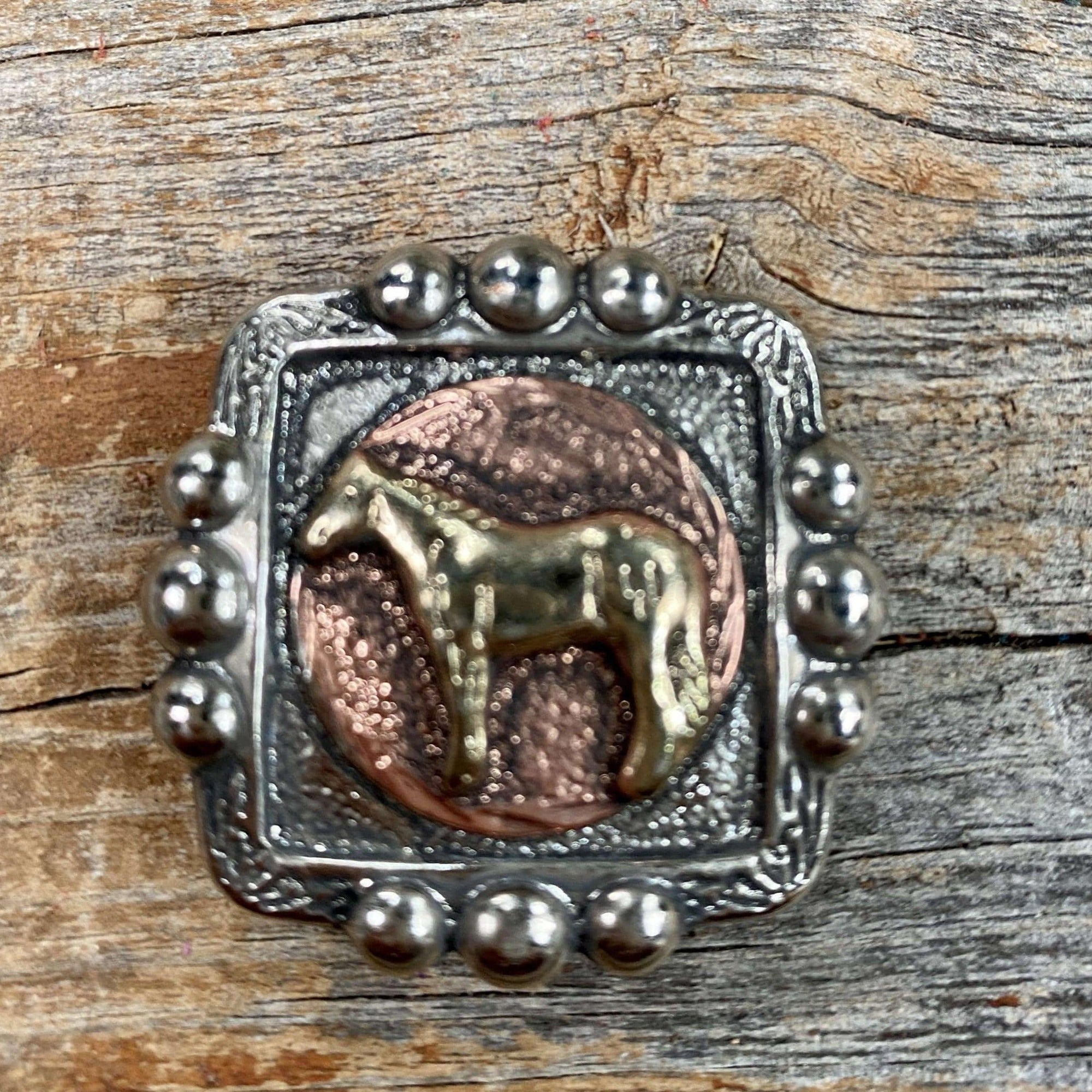 Antique Silver Square Concho with Gold Horse 1.5" W186L