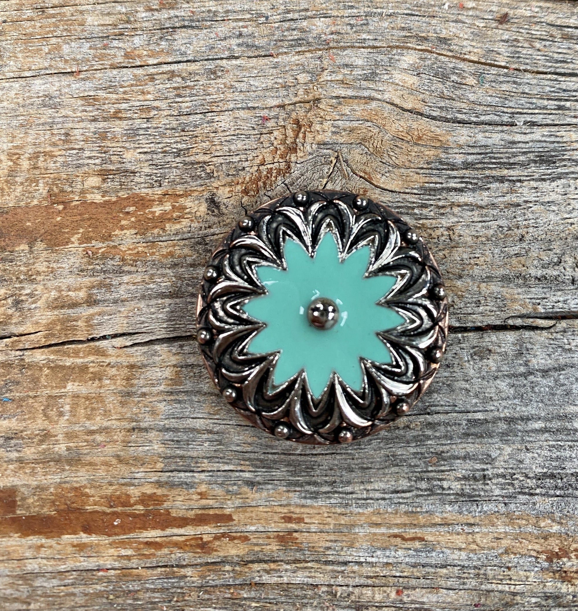 Copper &amp; Antique Silver Turquoise Flower Concho 1.25” W122L