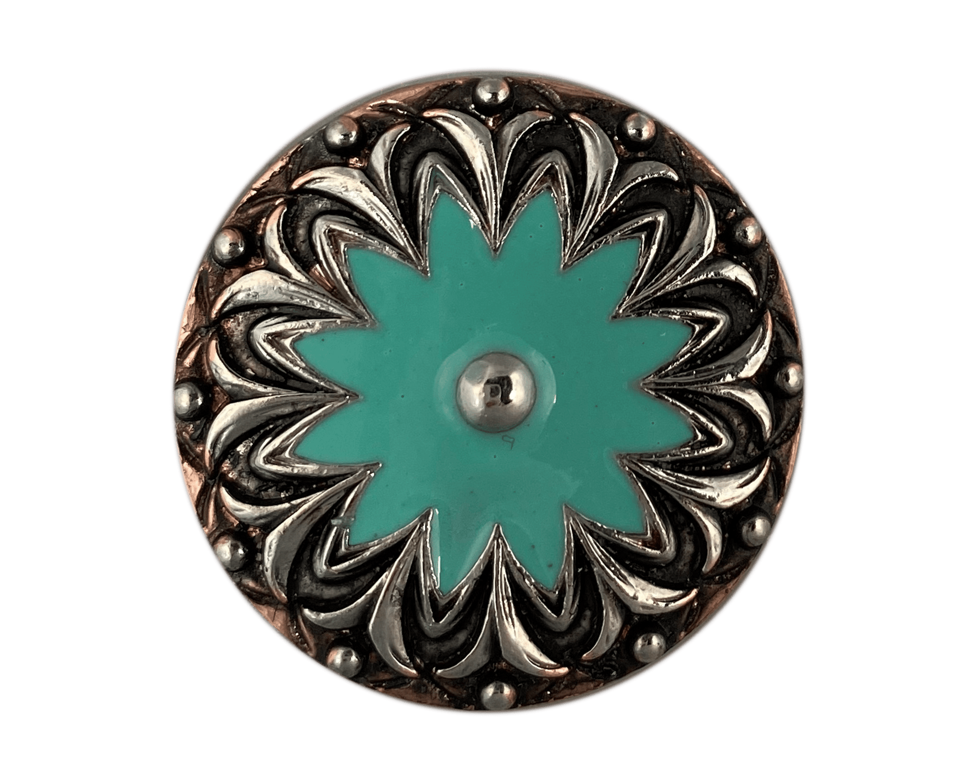 Copper &amp; Antique Silver Turquoise Flower Concho 1.25” W122L