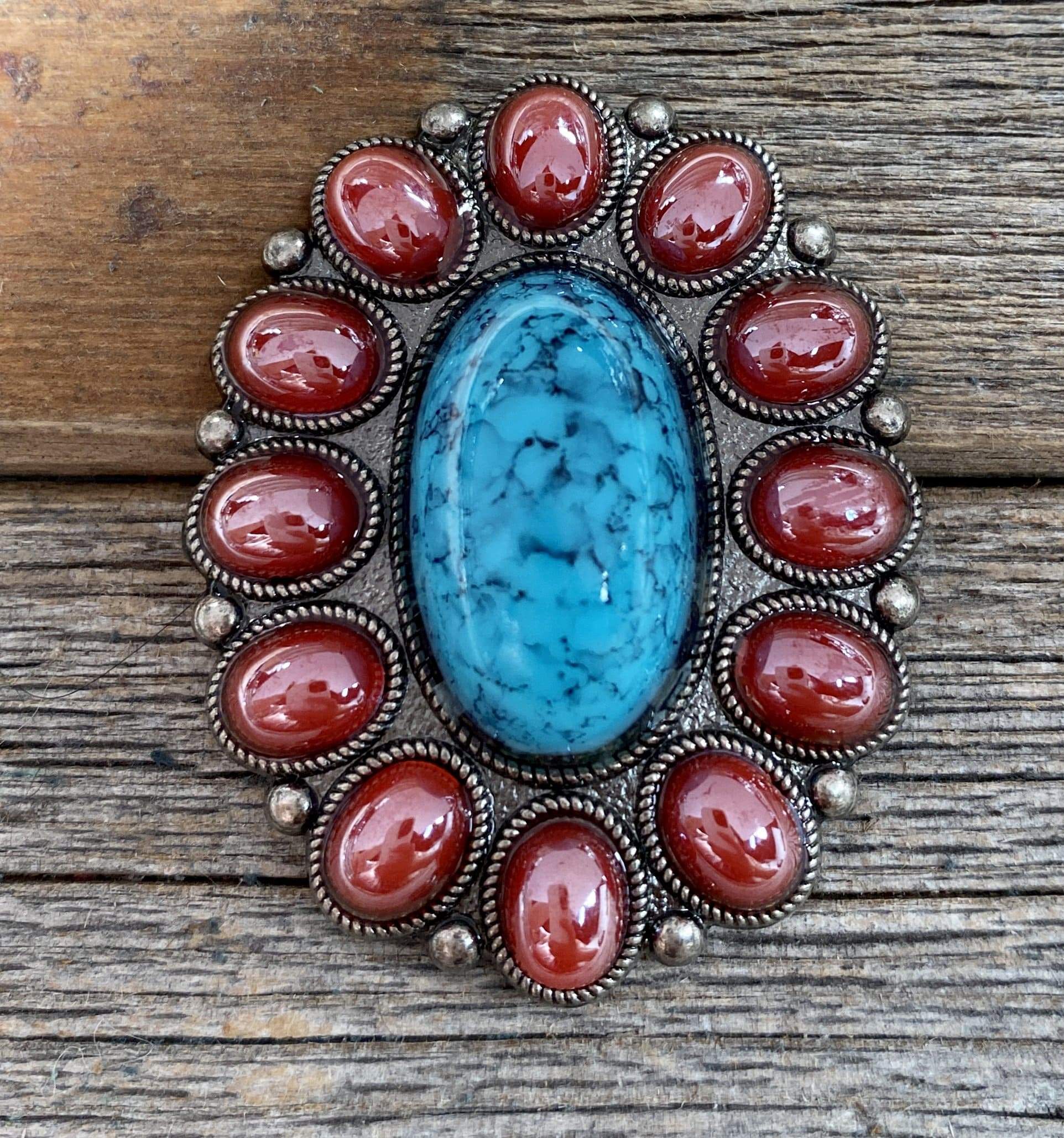 Large Turquoise &amp; Garnet 2" Concho W213