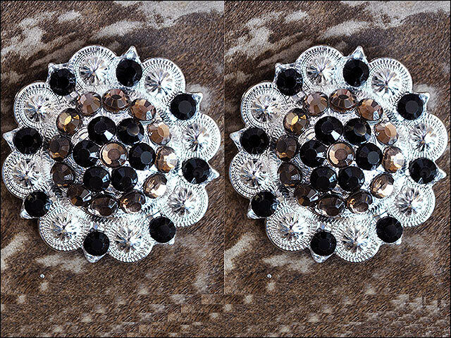 Western Screw Back 2 In Concho Black &amp; Brown Crystal Berry Saddle Bling