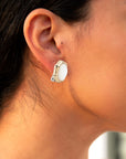 White Mother of Pearl Golden Bamboo Clip Earrings