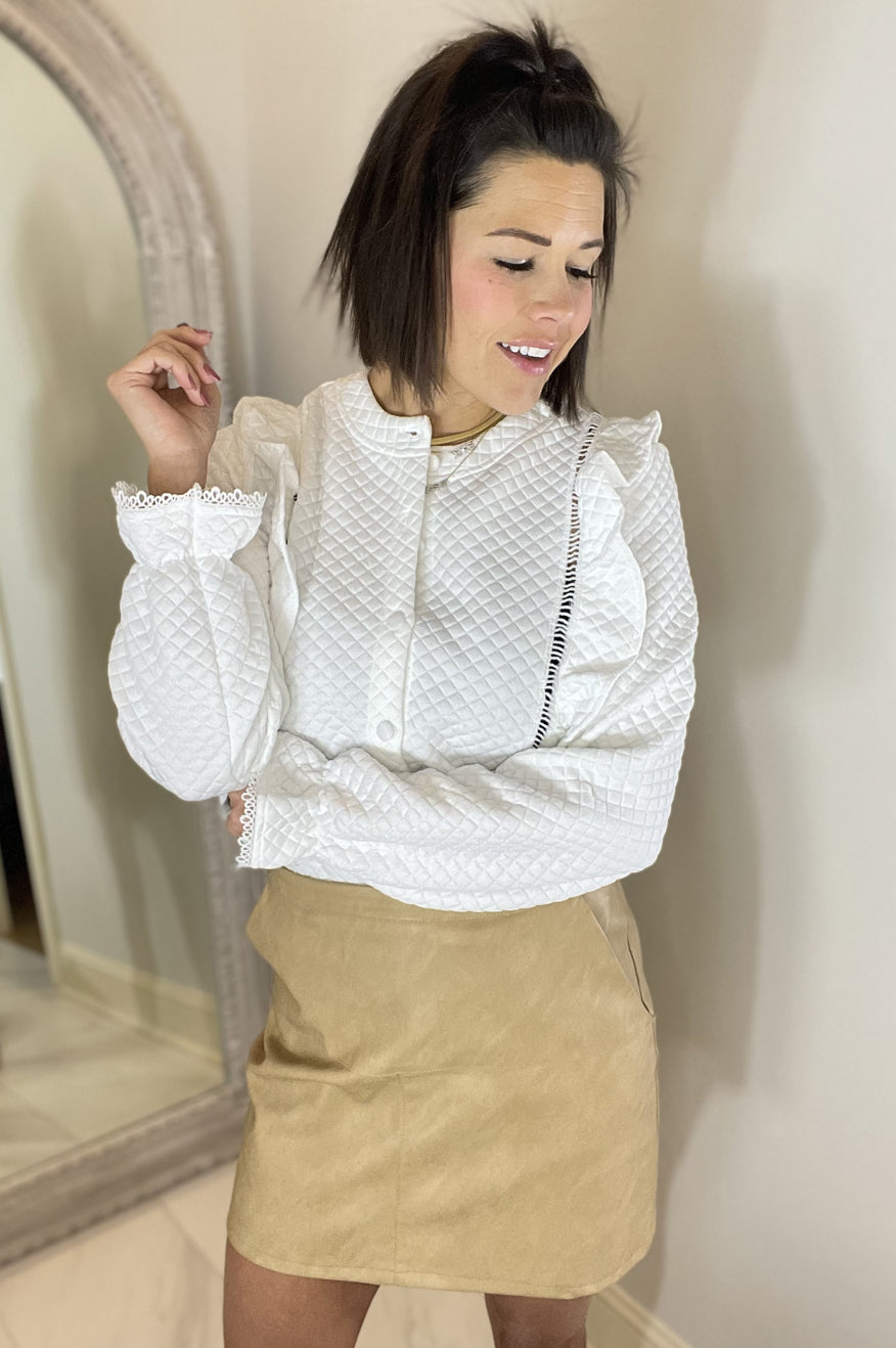 White Quilted Ruffled Blouse -clearance