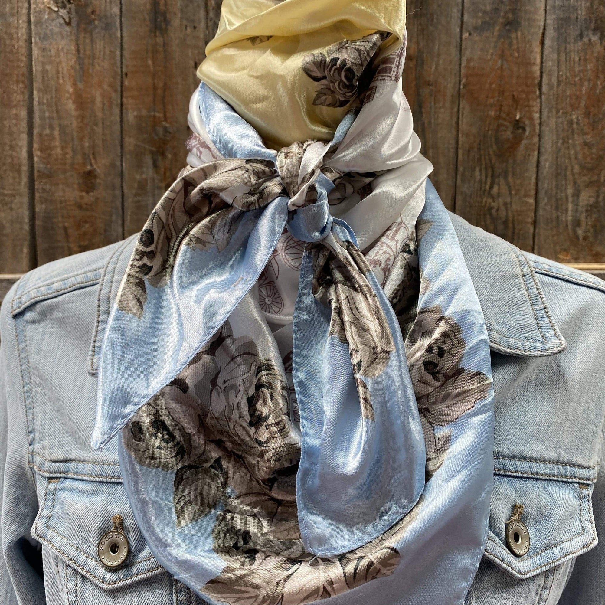 35X35" Pale Blue &amp; Cream Floral Wild Rag / Scarf WR590