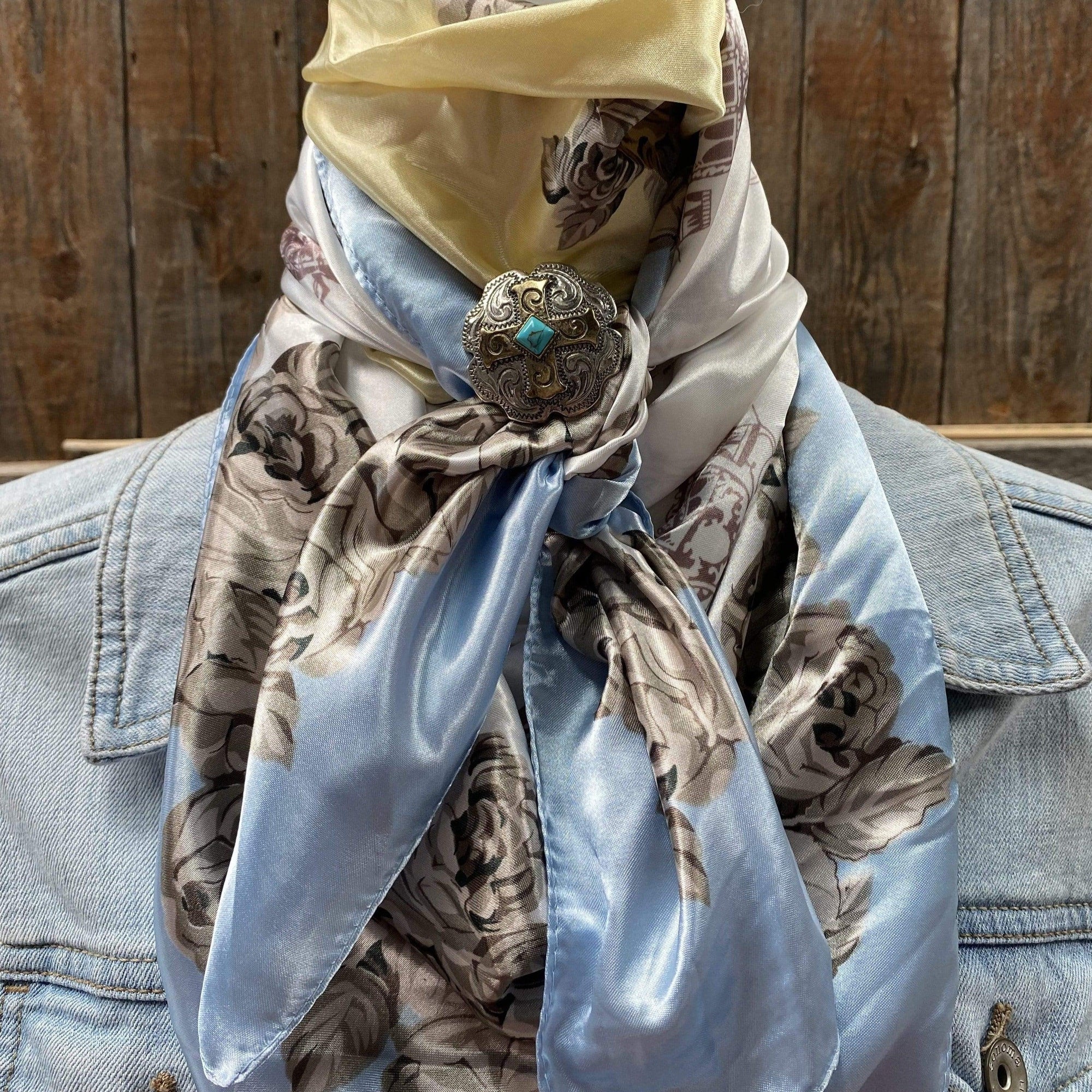 35X35" Pale Blue &amp; Cream Floral Wild Rag / Scarf - W189L Slide WRC590B