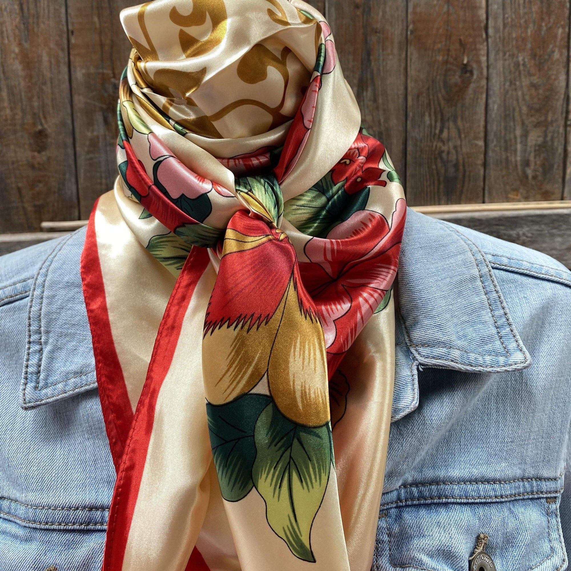 35X35"  Red Green &amp; Gold Floral Wild Rag / Scarf WR832