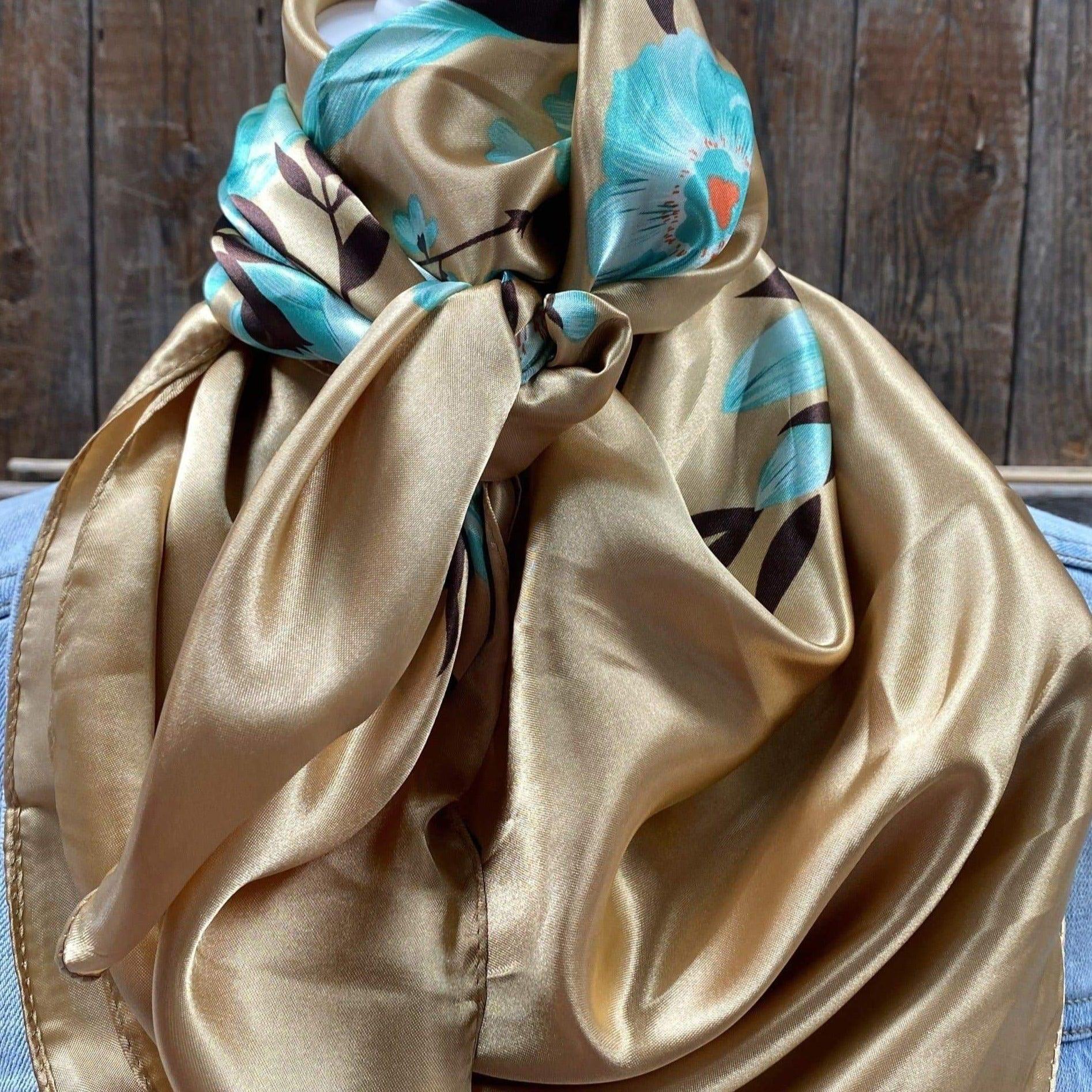 35X35"  Gold &amp; Turquoise Floral Wild Rag / Scarf WR853
