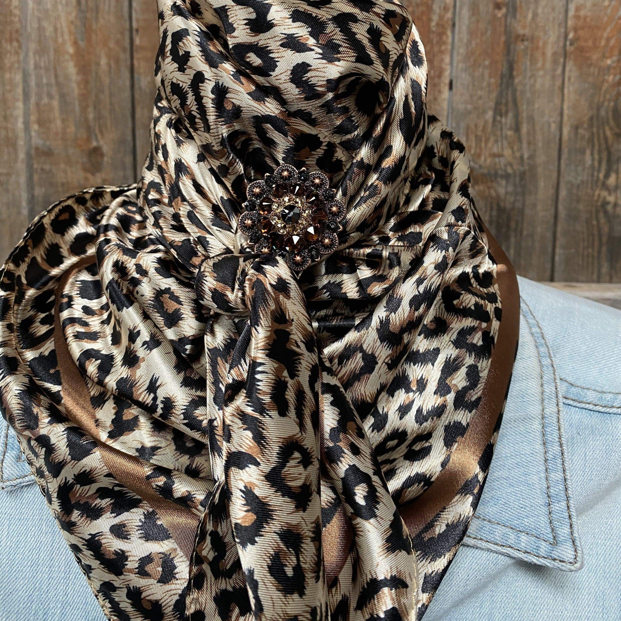 35X35" Tan Leopard Wild Rag / Scarf - Copper Jet, Champagne, Topaz Slide WRC168A