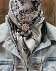 35X35" Silver & White Floral Paisley Wild Rag / Scarf - Copper AB Slide WRC172A