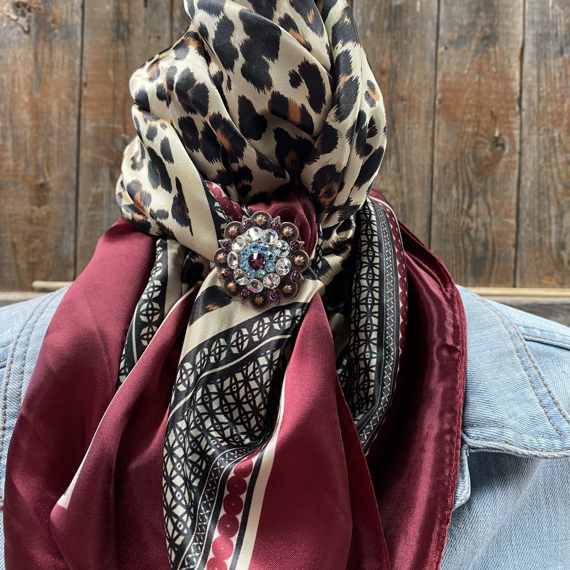 35X35" Wine Leopard Wild Rag / Scarf WRC397A  -Copper Amethyst, Aqua &amp; Clear Slide