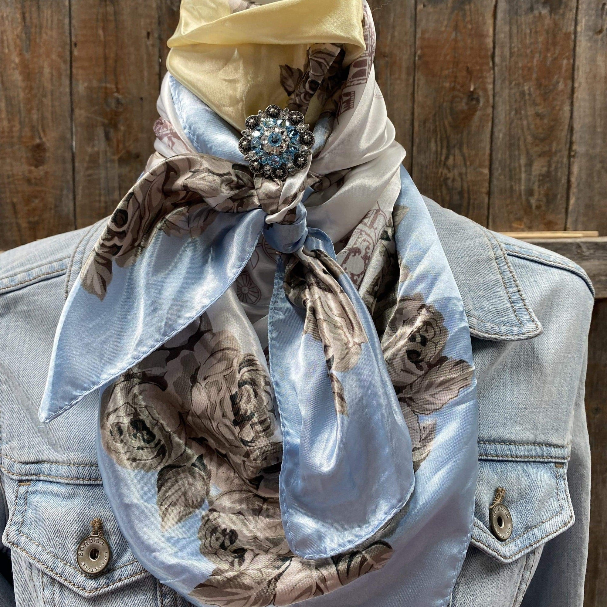 35X35" Pale Blue &amp; Cream Floral Wild Rag / Scarf - Antique Aqua &amp; Clear Slide WRC590A