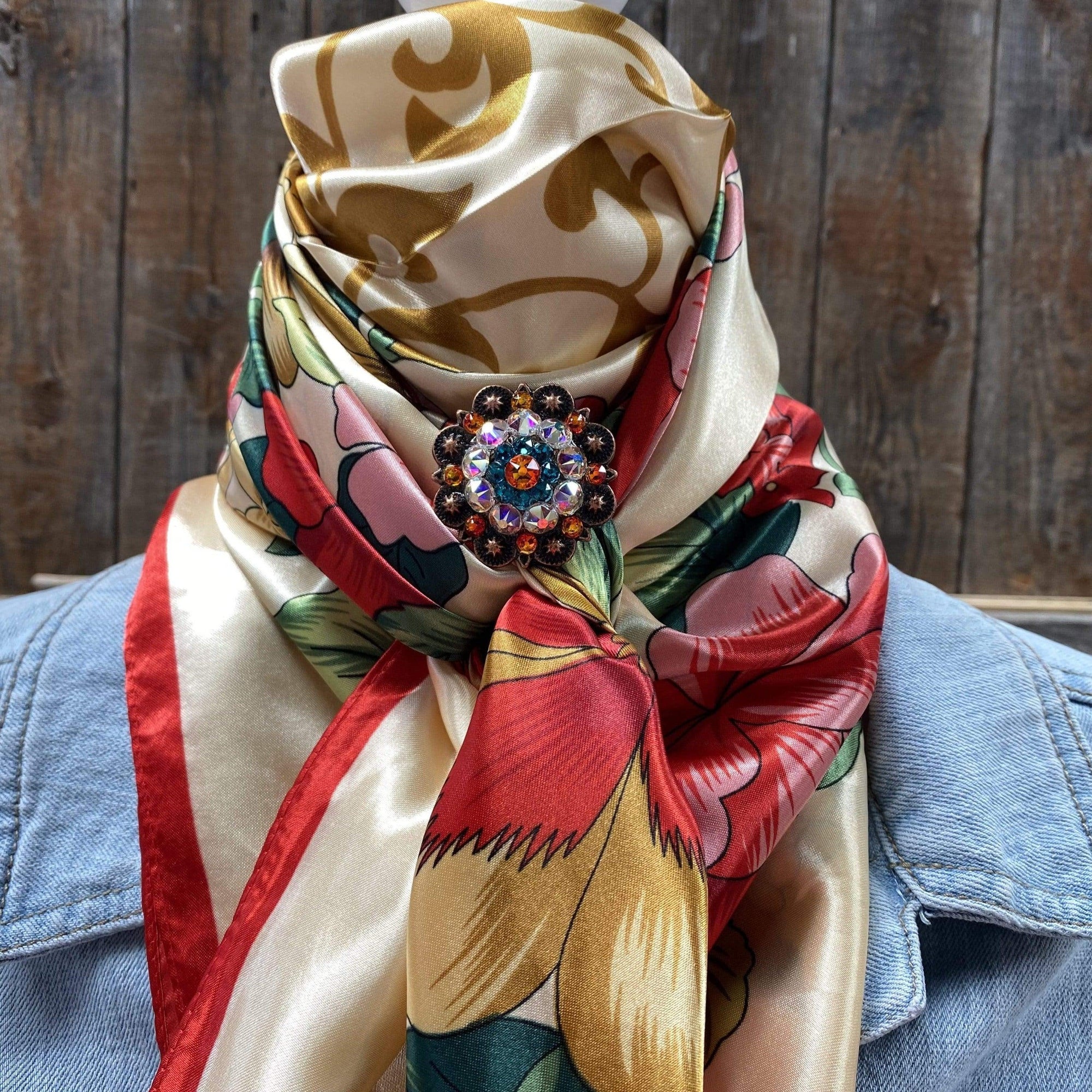 35X35" Red, Green and Gold Wild Rag / Scarf - Copper Fire Opal, Teal, AB Slide WRC832A
