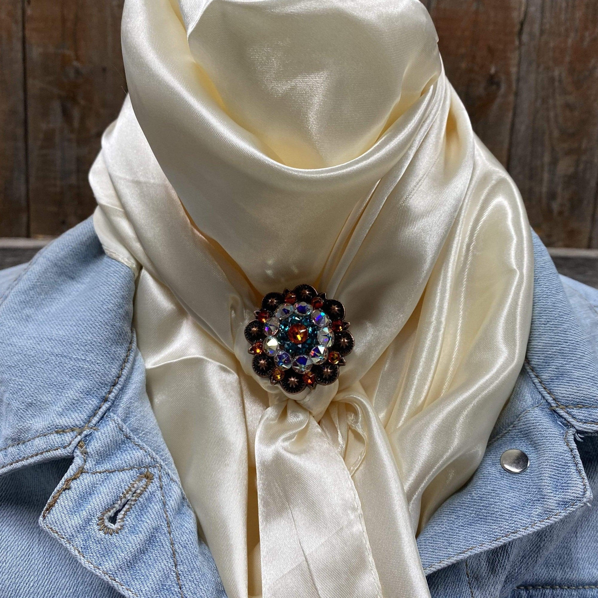 35X35" Solid Cream Wild Rag / Scarf - Copper Fire Opal, Teal, &amp; AB Slide WRSC11A
