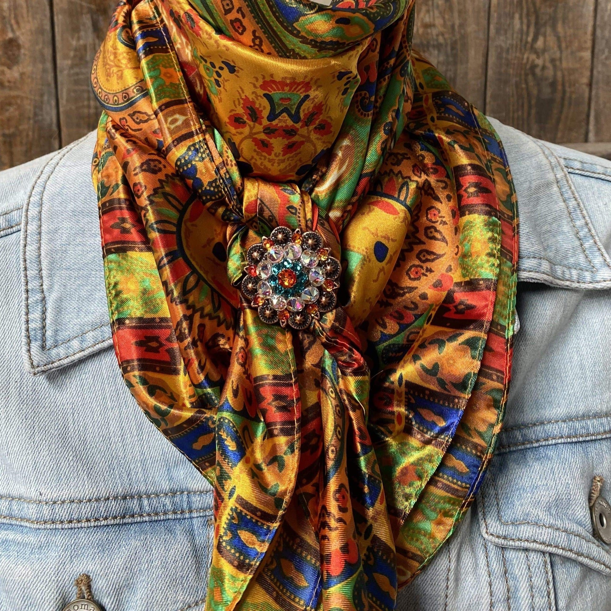 35X35" Multi-Colored Paisley Wild Rag / Scarf Copper Fire Opal, Teal &amp; AB Slide WRC134B