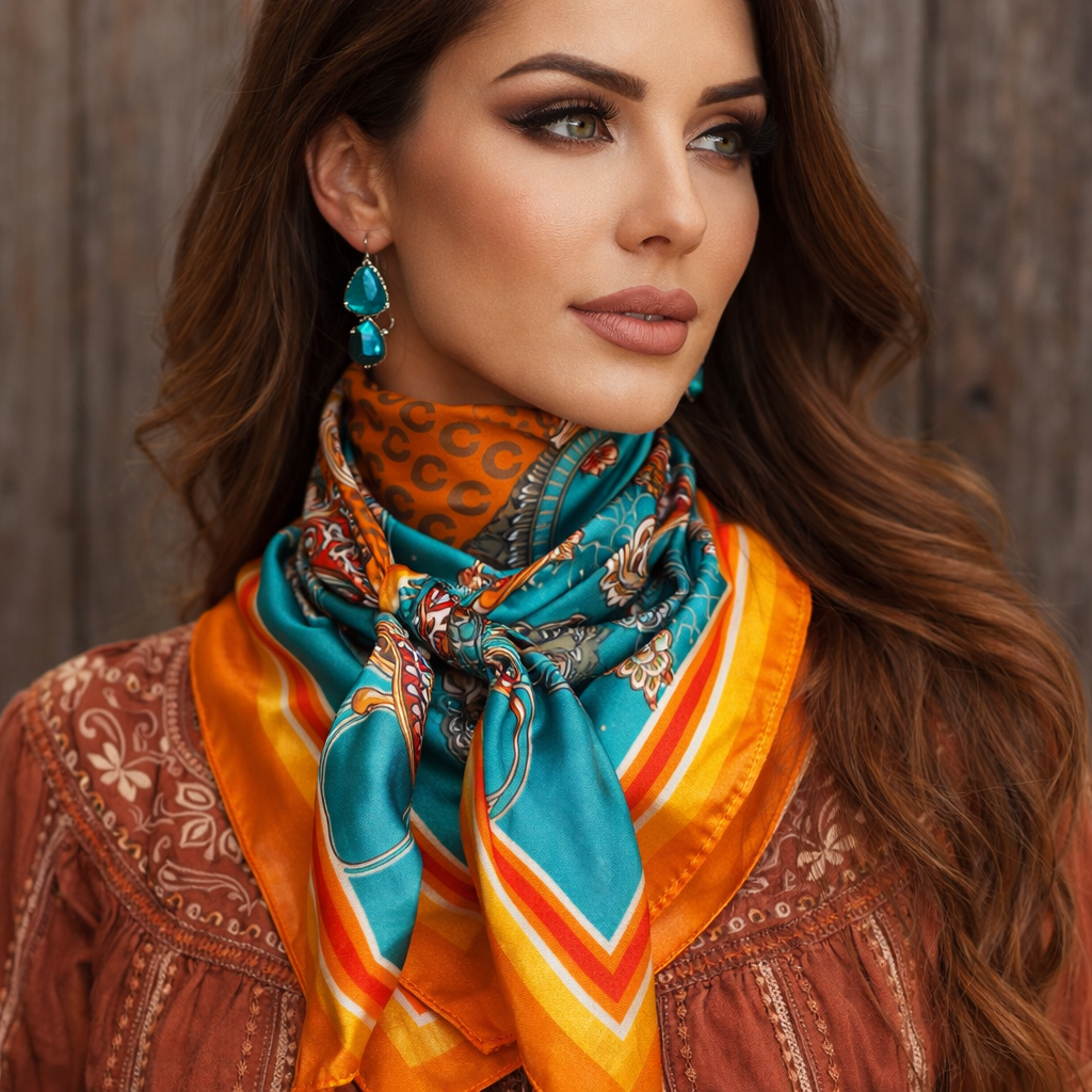 Square 35x35 Orange And Turquoise Paisley Horse Shoe Wild Rag Scarf