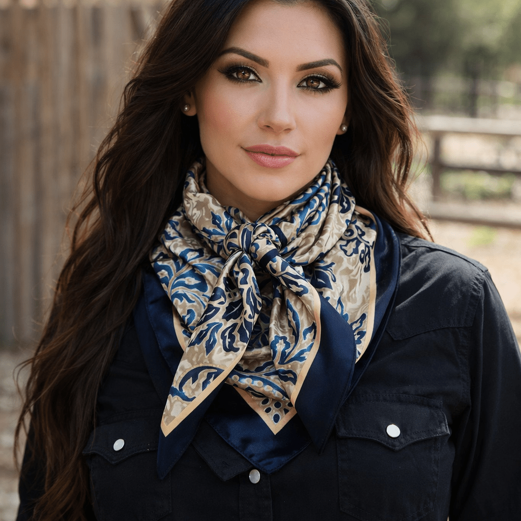 Cream And Blue Floral Wild Rag Scarf Square, Luxurious Polyester, Machine Washable