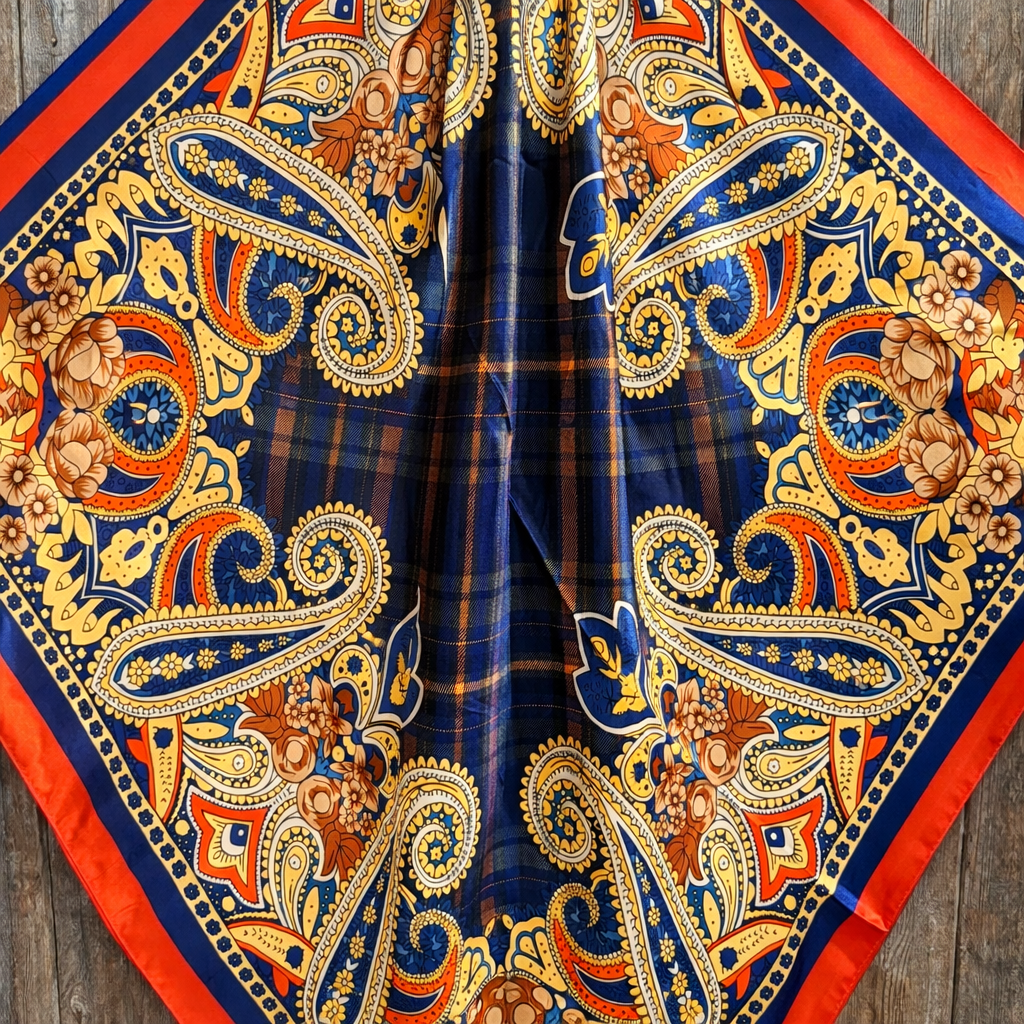 Orange and Blue Paisley Wild Rag Square Scarf 35 Inch